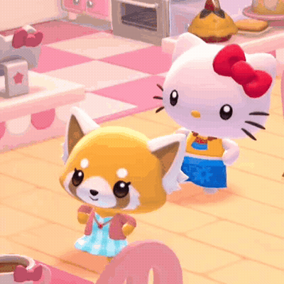 A Hello Kitty And A Red Panda Are Standing Next To Each Other In A Kitchen . GIF