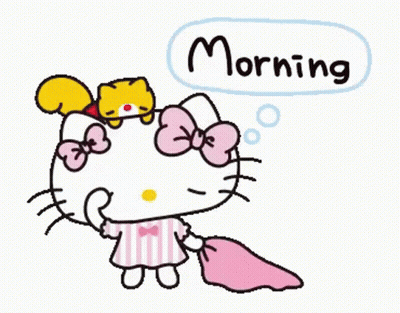 A Hello Kitty Cartoon With A Squirrel On Her Head And The Words Morning Written Above Her GIF