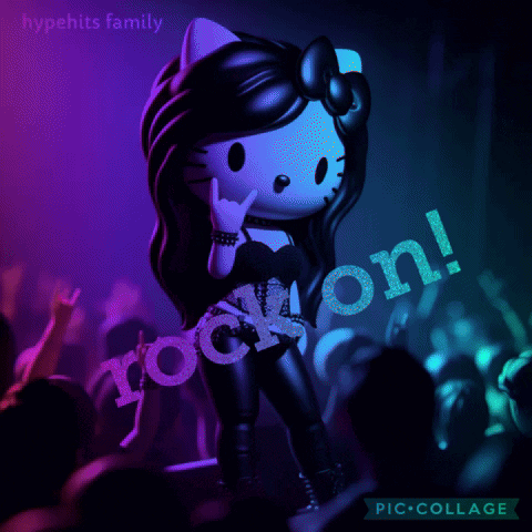 A Hello Kitty Doll Is Standing In Front Of A Crowd With The Words Rock On Written On It GIF