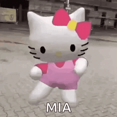 A Hello Kitty Doll Is Standing On A Sidewalk Wearing A Pink Dress And A Bow . GIF