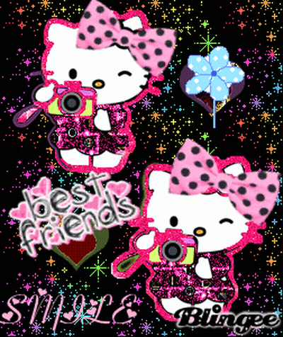 A Hello Kitty Holding A Camera With The Words Best Friends Written Above Her GIF