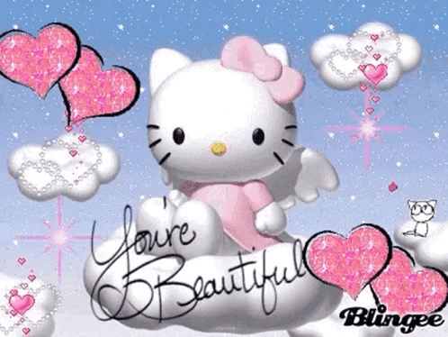 A Hello Kitty Picture With The Words " You 'Re Beautiful " On It GIF