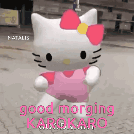 A Hello Kitty Says " Good Morning Karokaro " On A Brick Sidewalk GIF