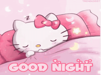 A Hello Kitty Sleeping On A Bed With The Words Good Night Written Below It GIF