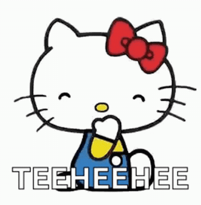 A Hello Kitty Sticker With A Red Bow On Her Head And The Words Teeheehee . GIF