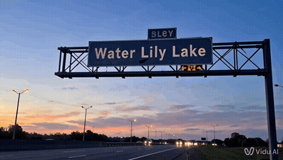 A Highway Sign That Says Water Lily Lake On It GIF