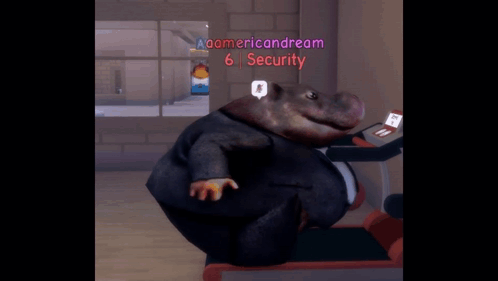 A Hippo In A Suit Is On A Treadmill With The Words Americandream 6 Security Above It GIF