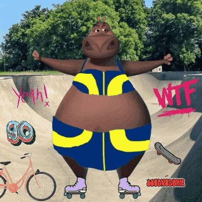 A Hippopotamus Wearing A Bikini And Roller Skates Is Standing On A Skate Park . GIF