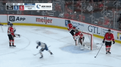 A Hockey Game Between The Sabres And The Blackhawks With A Score Of 5 To 1 GIF
