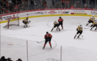 A Hockey Game Is Being Played In Front Of A Banner That Says Peanut 'S GIF
