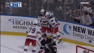 A Hockey Game Is Being Played With Advertisements For Highmark Western And New York Energy Corporation GIF