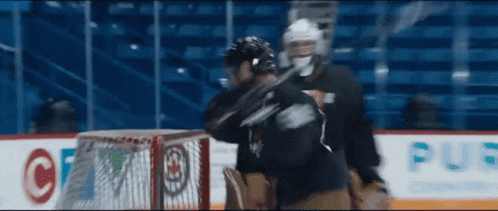 A Hockey Goalie Stands In Front Of A Net With A Canadian Emblem On It GIF