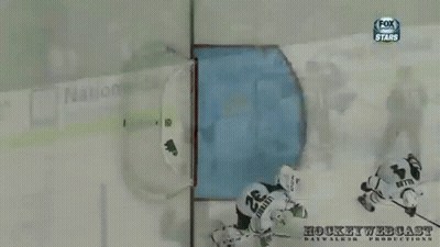 A Hockey Goalie Wearing A Helmet With The Letters Fox On It GIF
