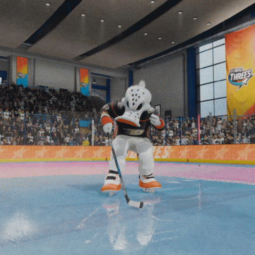 A Hockey Mascot Is Holding A Puck In Front Of A Banner That Says ' The Northwest Threes ' GIF