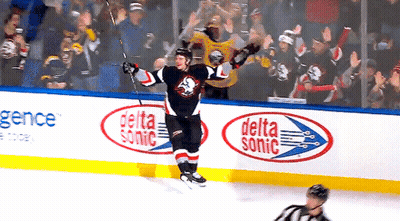 A Hockey Player Celebrates A Goal In Front Of Delta Sonic Advertisements GIF