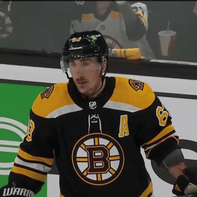 A Hockey Player In A Black And Yellow Jersey With The Letter B On It GIF