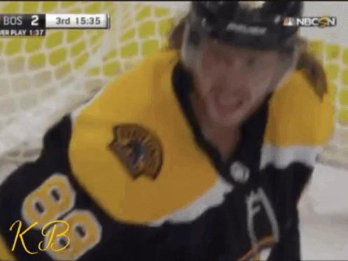 A Hockey Player In A Yellow And Black Jersey With The Number 89 On It GIF