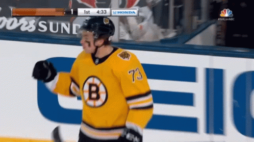 A Hockey Player In A Yellow Jersey With The Letter B On The Front GIF