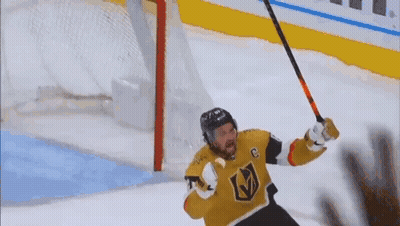 A Hockey Player Is Holding A Hockey Stick In The Air In Front Of A Goal . GIF