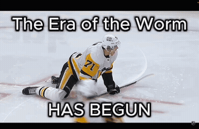 A Hockey Player Is Kneeling On The Ice With The Words The Era Of The Worm Has Begun Above Him GIF
