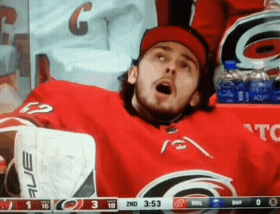 A Hockey Player Is Sitting In The Stands Watching A Game Between The Carolina Hurricanes And The New York Islanders GIF