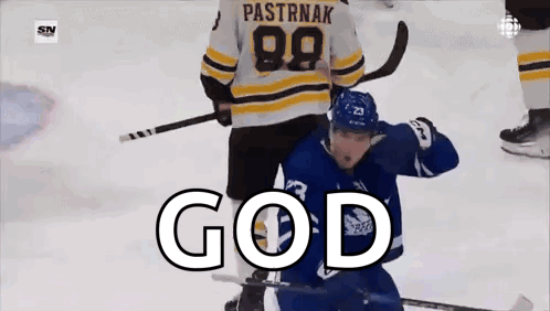 A Hockey Player Is Standing On The Ice With The Word God Written On The Screen . GIF