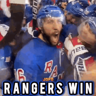 A Hockey Player Is Surrounded By His Teammates And Says " Rangers Win " GIF