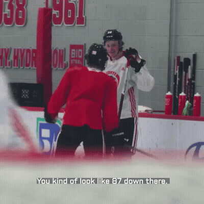 A Hockey Player Is Talking To Another Player With The Words " You Kind Of Look Like 87 Down There " GIF
