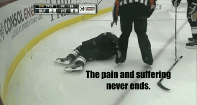 A Hockey Player Laying On The Ice With The Words " The Pain And Suffering Never Ends " Below Him GIF