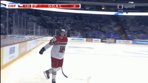 A Hockey Player Stands On The Ice With The Scoreboard Showing The Goal GIF