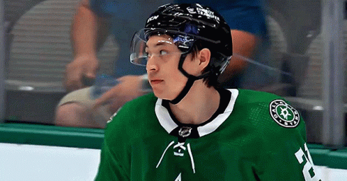a hockey player wearing a black helmet and a green jersey