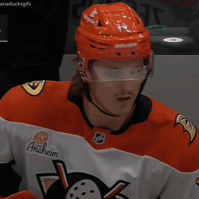 A Hockey Player Wearing A Jersey That Says Anaheim On The Front GIF