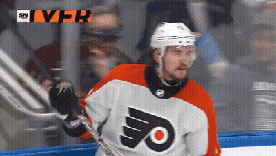 A Hockey Player Wearing A Jersey With A Flyer On It GIF