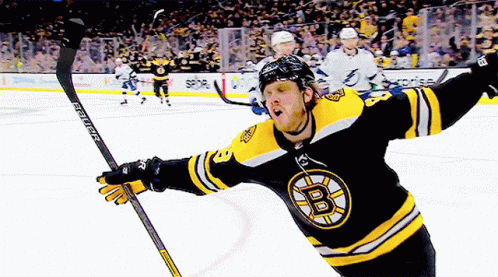 A Hockey Player Wearing A Jersey With The Letter B On The Front GIF
