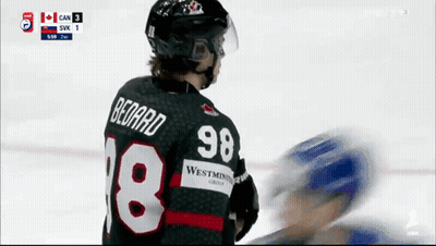 A Hockey Player Wearing A Jersey With The Number 98 On It GIF