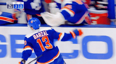 A Hockey Player With The Name Barzal On His Back GIF