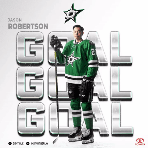 A Hockey Player With The Name Jason Robertson On The Front GIF