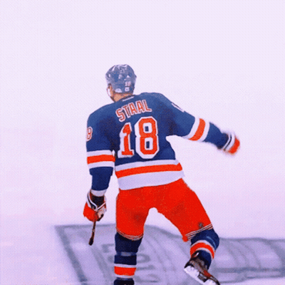 a hockey player with the name staal on his back