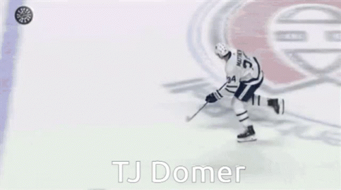 A Hockey Player With The Name Tj Domer On The Bottom GIF