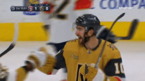 A Hockey Player With The Number 10 On His Jersey Is Celebrating GIF
