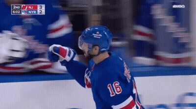 A Hockey Player With The Number 16 On His Jersey Is Giving A High Five GIF