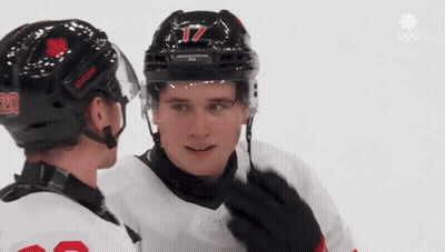A Hockey Player With The Number 17 On His Helmet Is Talking To Another Player GIF
