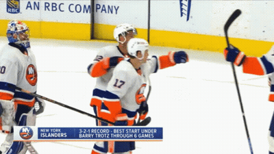 A Hockey Player With The Number 17 On His Jersey Is Being Congratulated By His Teammates GIF