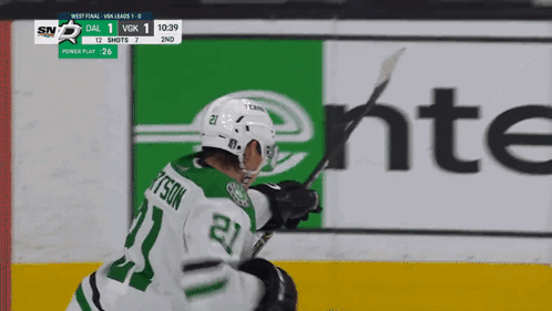 A Hockey Player With The Number 21 On His Jersey Is Holding A Hockey Stick GIF