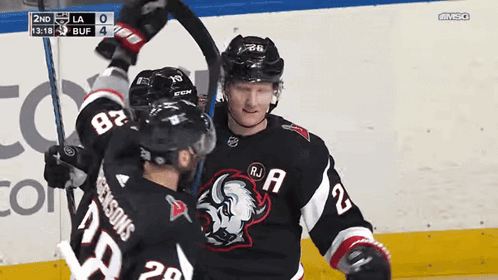 A Hockey Player With The Number 28 On His Jersey Is Celebrating With Another Player GIF