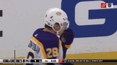 A Hockey Player With The Number 28 On His Jersey Stands On The Ice GIF