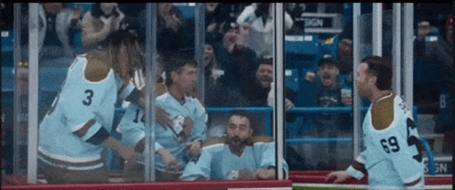 A Hockey Player With The Number 3 On His Jersey Is Talking To Another Player GIF