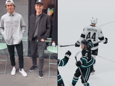 A Hockey Player With The Number 44 On His Jersey Stands Next To Another Player GIF