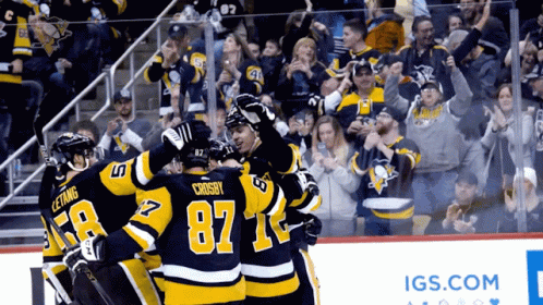 A Hockey Player With The Number 87 On His Jersey Is Surrounded By His Teammates GIF