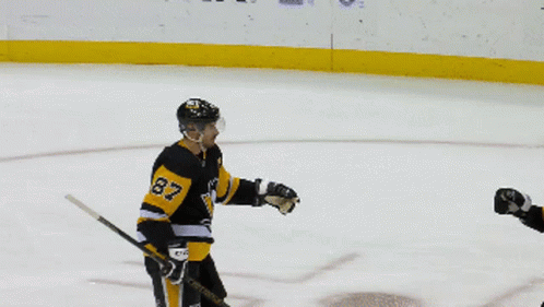 A Hockey Player With The Number 87 On His Jersey Talks To Another Player GIF